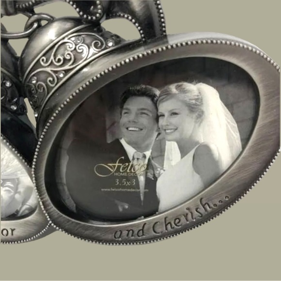 Fetco Wedding Bells Pewter Frame Double Photo Pictures Bling Love Honor Cherish - Picture 4 of 8